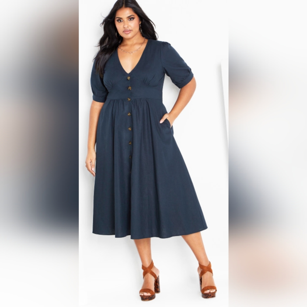 Brand new navy linen front-button dress, size 14 from City Chic - Picture 1 of 6